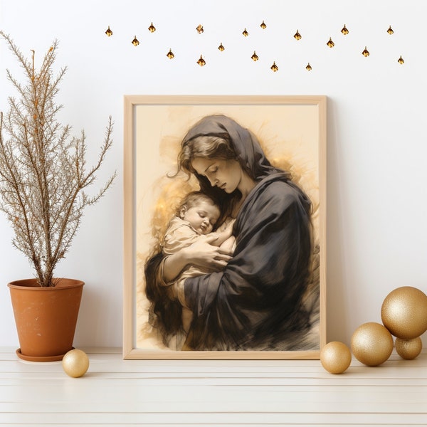 Charcoal Madonna and Child, Catholic Art Printable, Blessed Virgin Mary Art, Mother's Day art, Mother and child, Virgin Mary printable