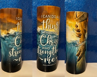 Skinny 20oz Christian Tumbler w/Lid and Straw, Bible Verse Tumbler, Religious Gifts, Gift for Women, Philippians 4:13
