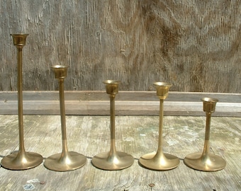 1980s Vintage Brass Tulip Candlesticks Made in Korea Botanical Boho Decor Candle Holders Art Nouveau Revival