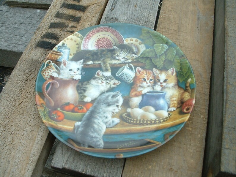 2 Litter Rascal Kitten Plates by Jurgen Schols Frisky Business and Kitchen Capers Bradford Exchange Collection Porcelain