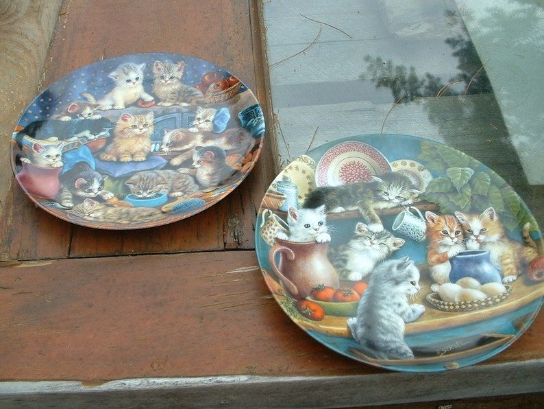 2 Litter Rascal Kitten Plates by Jurgen Schols Frisky Business and Kitchen Capers Bradford Exchange Collection Porcelain