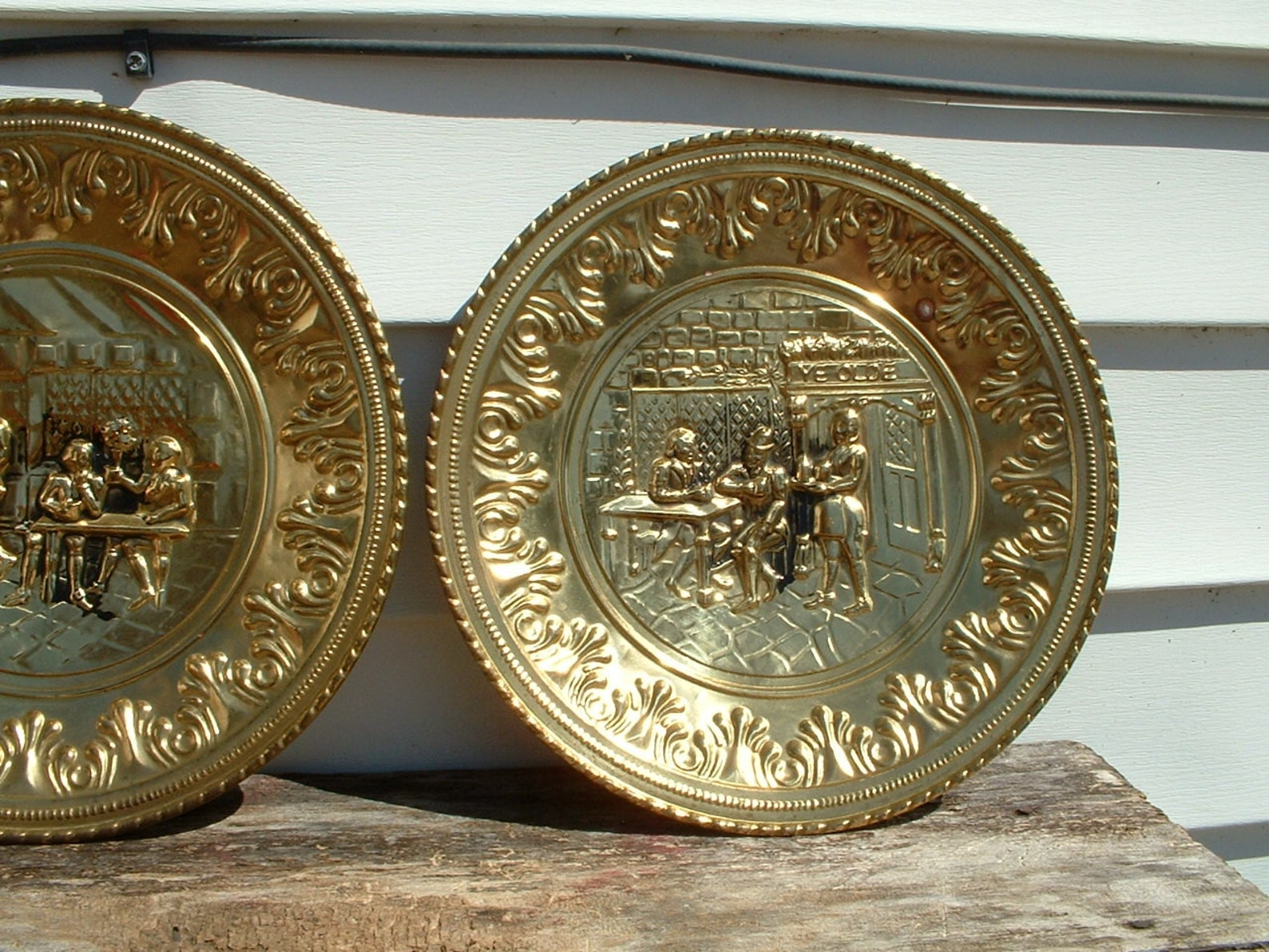 Vintage Pair Brass Wall Plates Pub Tavern Scene Server Etsy