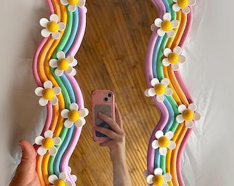 Wavy Colorful Rainbow Daisy Mirror/ Groovy Happy Wall Mirrored Decor/ Statement Mirror/ Dopamine Decor/ Handmade Sculptural Clay Mirror