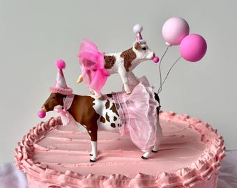 Farm Animal Cake Topper/ Pink birthday animals/ girl farm themed party/ birthday cake accessories/ cow with party hat/ pig with party hat