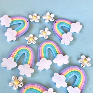Flower Rainbow Hippie Earrings/ Polymer clay rainbow earrings/ pastel rainbow jewelry/ modern earrings/ statement earrings/ cutesy earrings