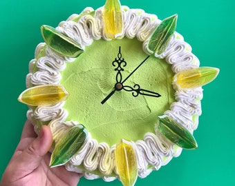 Handmade Green Lemon Lime Faux Cake Clock: Functional Food Inspired Kitchen Decor