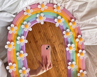 Colorful Rainbow Daisy Mirror/ Groovy Happy Wall Mirrored Decor/ Statement Mirror/ Dopamine Decor/ Handmade Sculptural Clay Mirror