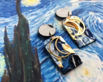 Pendientes de noche estrellada/pendientes de impresionismo de Vincent Van Gogh/pendientes de pintura empastada, arte portátil pintado, pendiente de pintura de luna con cielo nocturno texturizado