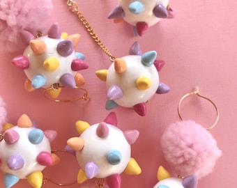 Confetti Spike Ball Earrings/ Colorful Spike Pom pom earrings/ pastel goth earrings/ kawaii earrings/ kawaii jewelry/ cute earrings/ pink