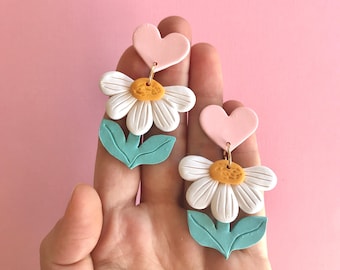 Heart Daisy Earrings/ Colorful Statement Earrings/ Modern Flower Earrings/ Pastel Earrings/ Fun Earrings/ Daisy Jewelry/ Clay Earrings