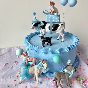 Farm Animal Cake Topper/ Blue birthday animals/ boy farm themed party/ birthday cake accessories/ cow with party hat/ pig with party hat