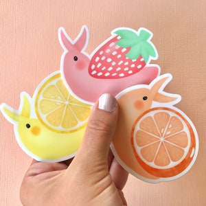 Fruit Snail Stickers/ Fruity Snail Sticker/ Strawberry snail/ orange lemon/ Laminated Waterproof Weatherproof UV resistant Vinyl Sticker image 1