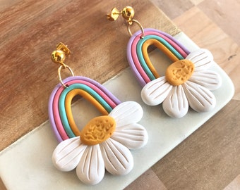 Rainbow Daisy Earrings/ Colorful Statement Earrings/ Modern Flower Earrings/ Pastel Earrings/ Fun Earrings/ Rainbow Jewelry/ Daisy Jewelry