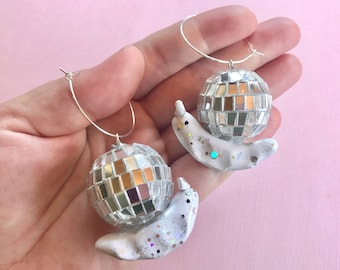 Handmade Disco Ball Snail Earrings: Groovy Cottagecore Jewelry