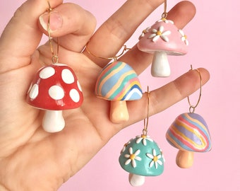 Retro Mushroom Earrings/ Cottagecore mushroom hoops/ Rainbow Flower Mushrooms/ Colorful fungi earrings/ cottacore jewelry/ statement earring