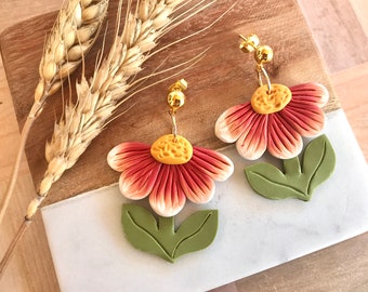 Red Daisy Folk Art Statement Earrings/ Modern Floral Earrings/ Flower Jewelry/ Red Flower Jewelry/ Clay Earrings/ Large Daisy Earrings