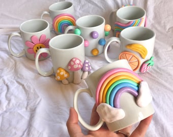 Colorful 3d Coffee Mug/ Handmade Ceramic Mug/ Rainbow Mug/ Modern happy coffee lover gift/ Mushroom Mug/ Cute Coffee Mugs/ Ceramic Mug