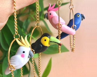 Hanging Bird Earrings/ Parrot Earrings/ Toucan Jewelry/ Cockatoo Earring/ Tropical Bird Earrings/ Summer Jewelry/Quirky Earrings/Fun Earring