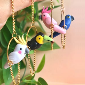 Hanging Bird Earrings/ Parrot Earrings/ Toucan Jewelry/ Cockatoo Earring/ Tropical Bird Earrings/ Summer Jewelry/Quirky Earrings/Fun Earring image 1