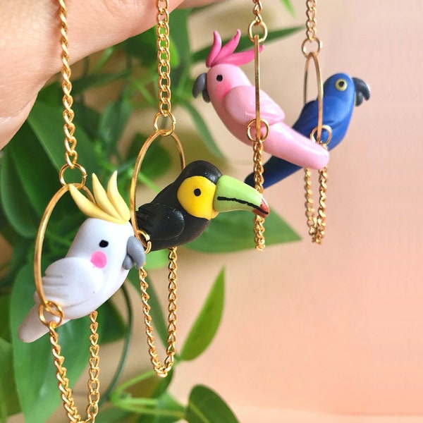 Hanging Bird Earrings/ Parrot Earrings/ Toucan Jewelry/ Cockatoo Earring/ Tropical Bird Earrings/ Summer Jewelry/Quirky Earrings/Fun Earring