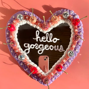Disco Cherry Heart Cake Wall Mirror: Kawaii Faux Frosting Decor Purple Glitter Disco