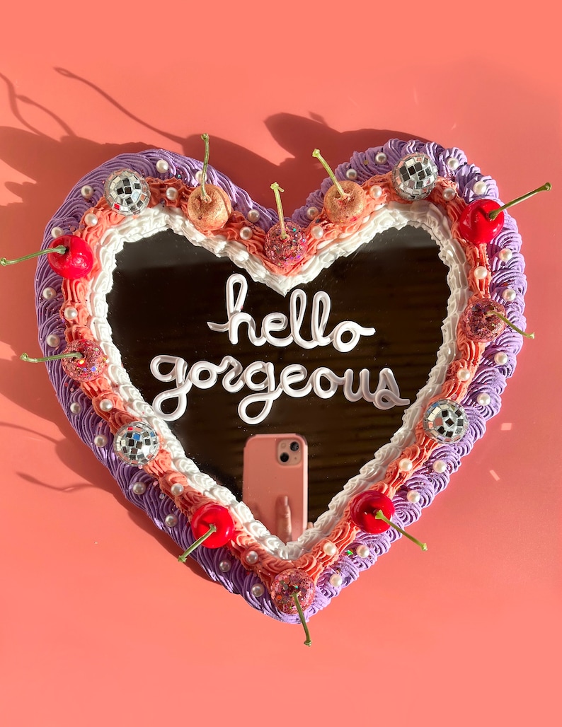 Disco Cherry Heart Cake Wall Mirror: Kawaii Faux Frosting Decor Purple Glitter Disco