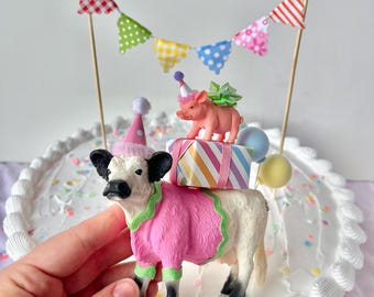Farm Animal Cake Topper/ birthday party animals/ farm themed kids party/ birthday cake accessories/ cow with party hat/ pig with party hat