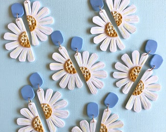 Handmade Handpainted Daisy Earrings: Polymer Clay Floral Statement Jewelry