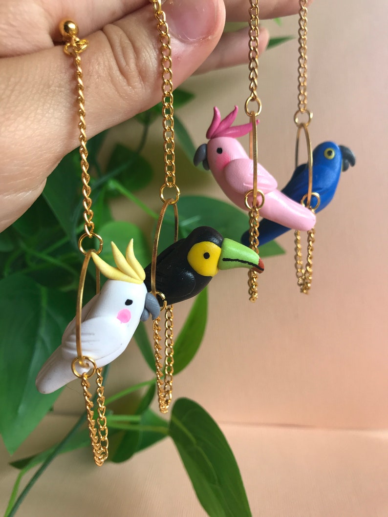 Hanging Bird Earrings/ Parrot Earrings/ Toucan Jewelry/ Cockatoo Earring/ Tropical Bird Earrings/ Summer Jewelry/Quirky Earrings/Fun Earring image 6