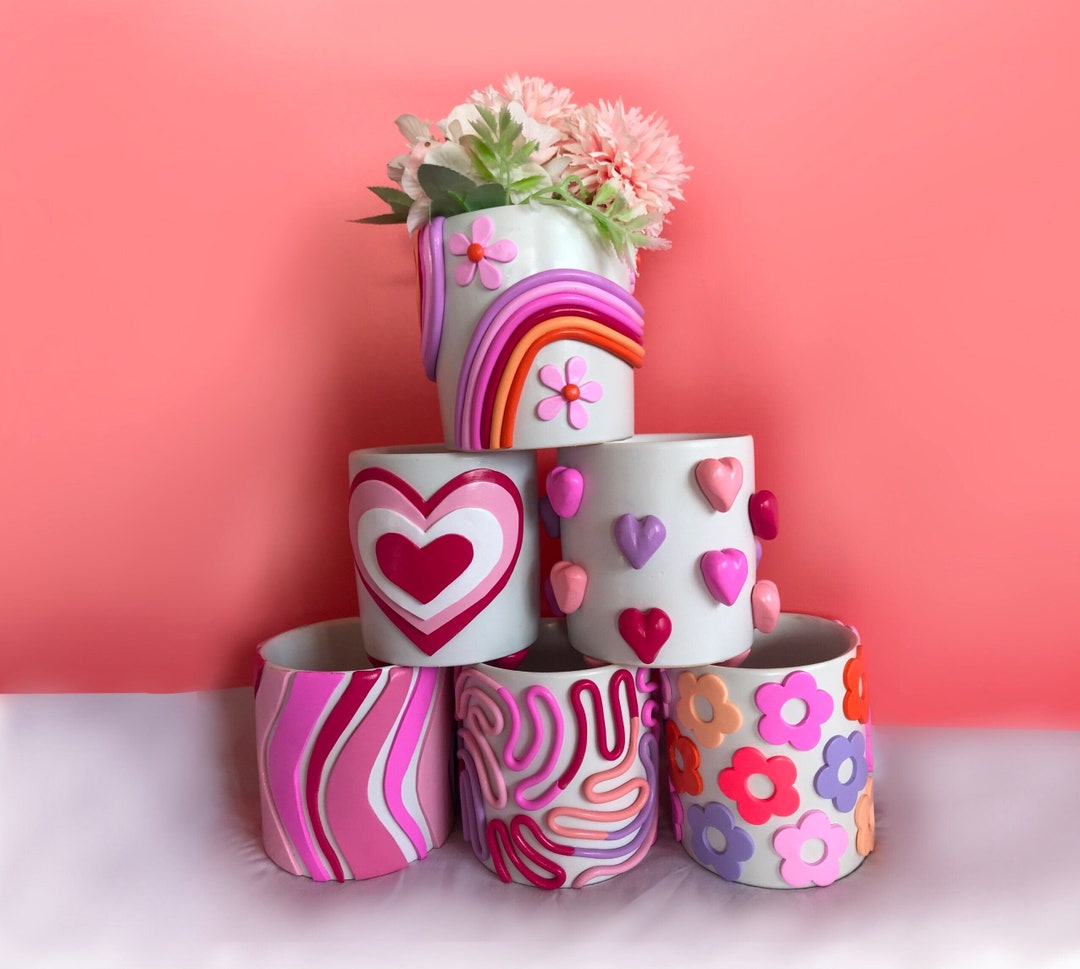 Retro Eclectic Pink Planters/ Cute Ceramic Planter/ Rainbow Pot Planter