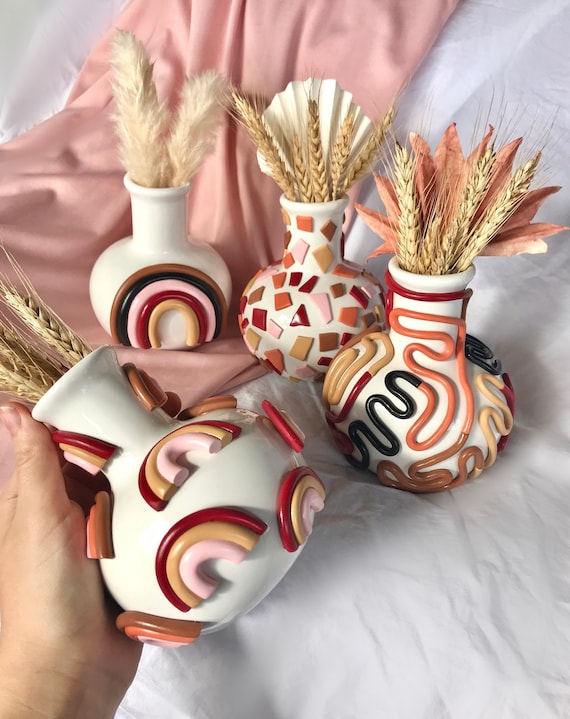 陶器花瓶 透光 繊細 上品 手作り インテリア 高さ5インチのボヘミアン風セラミック花瓶：ニュートラルカラーの折衷
