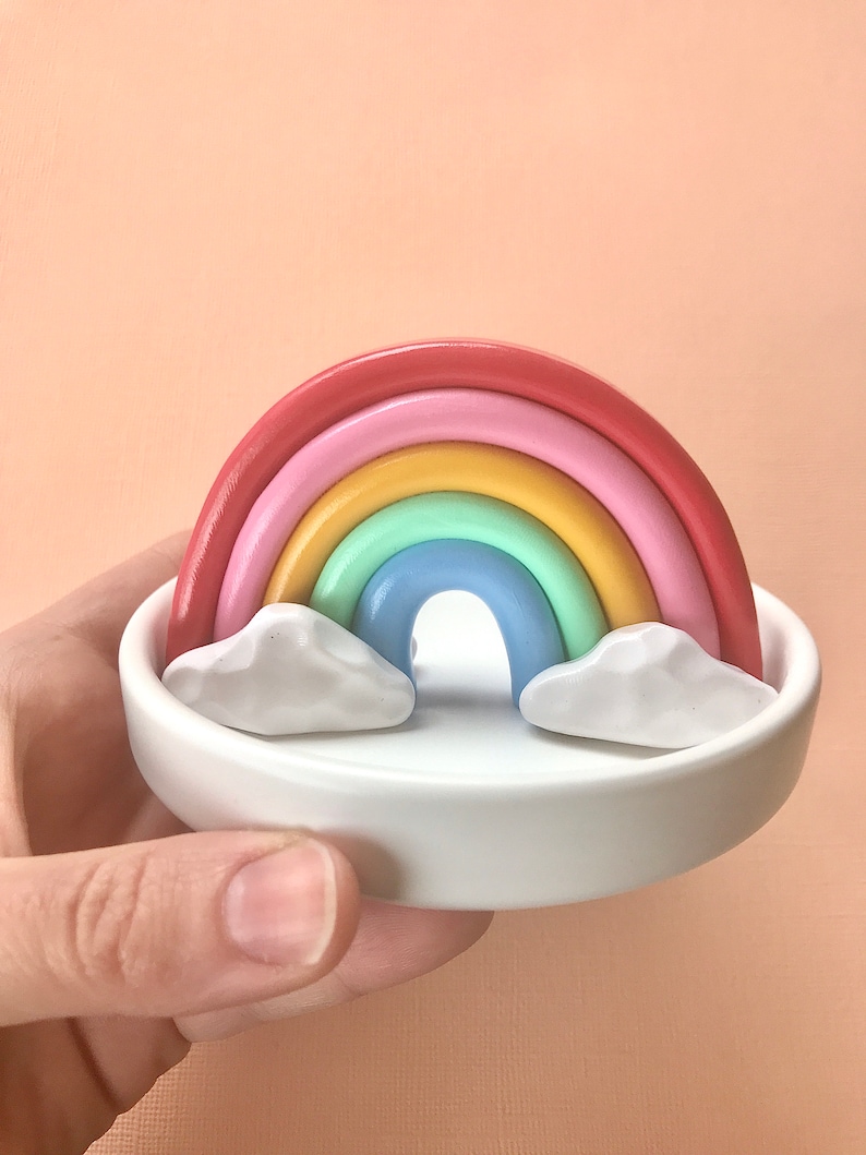 Colorful Trinket Dish/ Fun Jewelry Dish/ Boho Home Decor/ Handmade Ceramic Dish/ Rainbow dish/ mushroom plate/ cottagecore home/ ring dish image 4