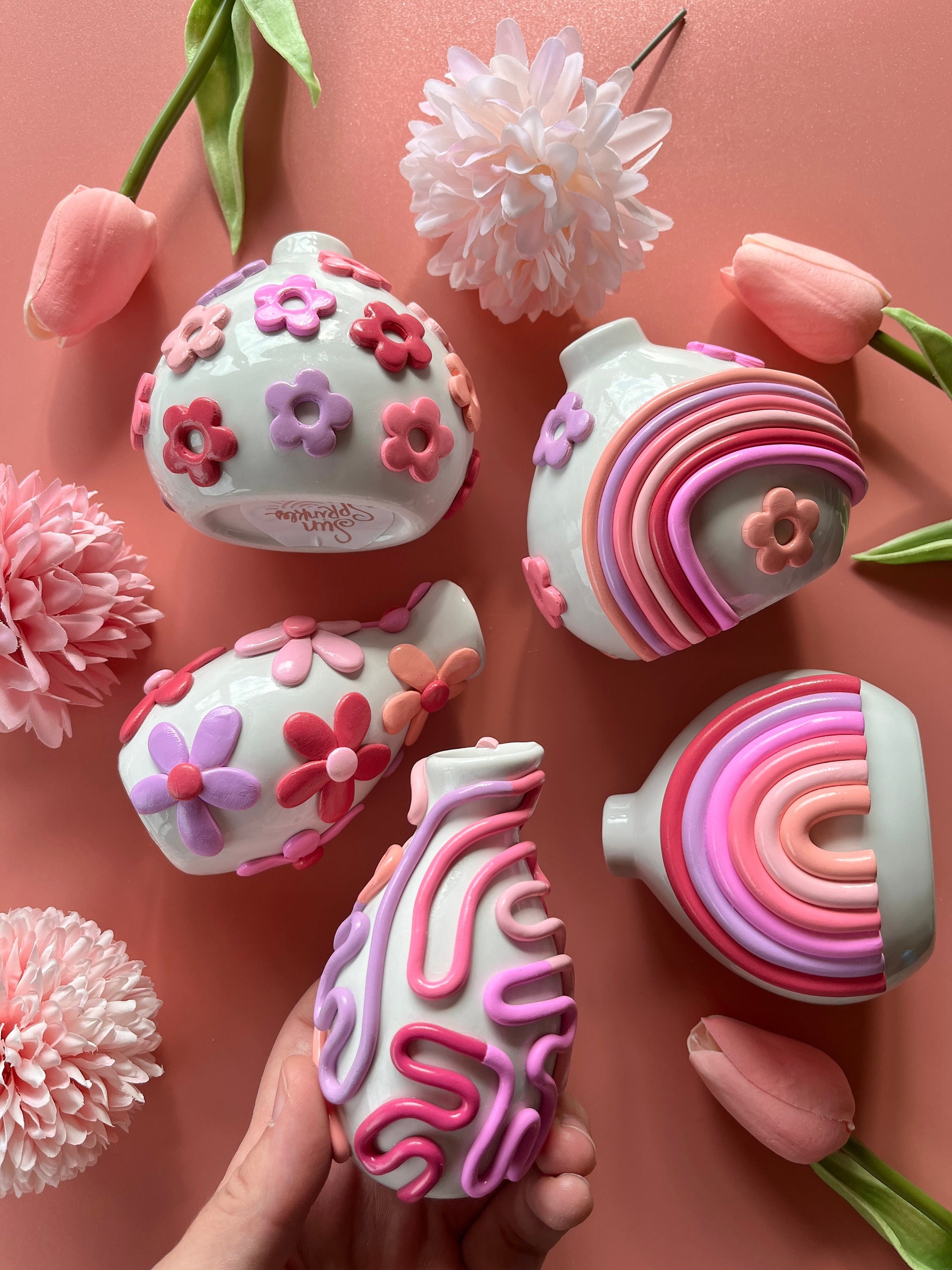 Retro Eclectic Pink Bud Vase/ Cute Ceramic Vase/ Rainbow Pot