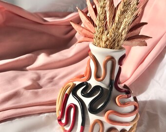 高さ5インチのボヘミアン風セラミック花瓶：ニュートラルカラーの折衷