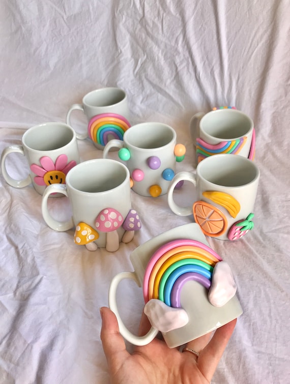 Colorful 3d Coffee Mug/ Handmade Ceramic Mug/ Rainbow Mug/ Modern Happy  Coffee Lover Gift/ Mushroom Mug/ Cute Coffee Mugs/ Ceramic Mug 