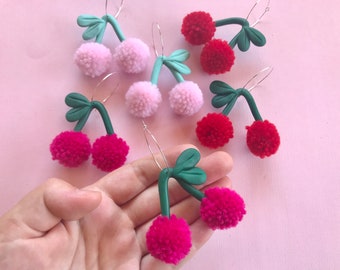 Pom Cherry Earrings/ Lightweight Cherry Fruit Earring/ Cherry Jewelry/ Fruit Jewelry/ Fruit Hoops/ Summer Earrings/ Fun Earrings