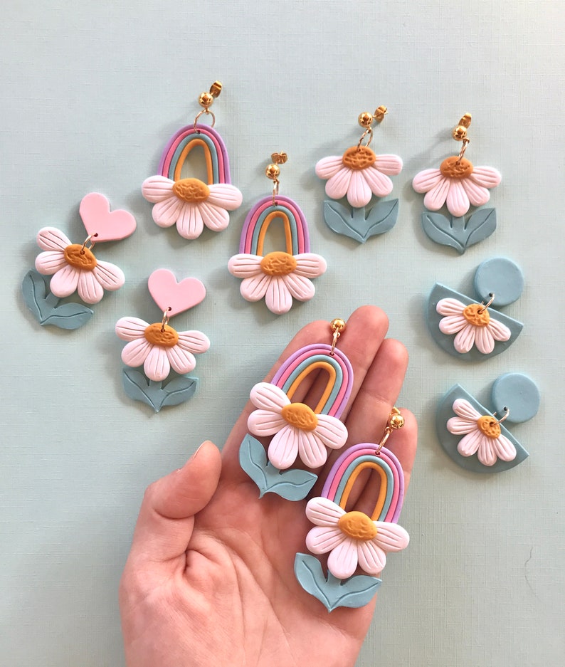 Heart Daisy Earrings/ Colorful Statement Earrings/ Modern Flower Earrings/ Pastel Earrings/ Fun Earrings/ Daisy Jewelry/ Clay Earrings image 3