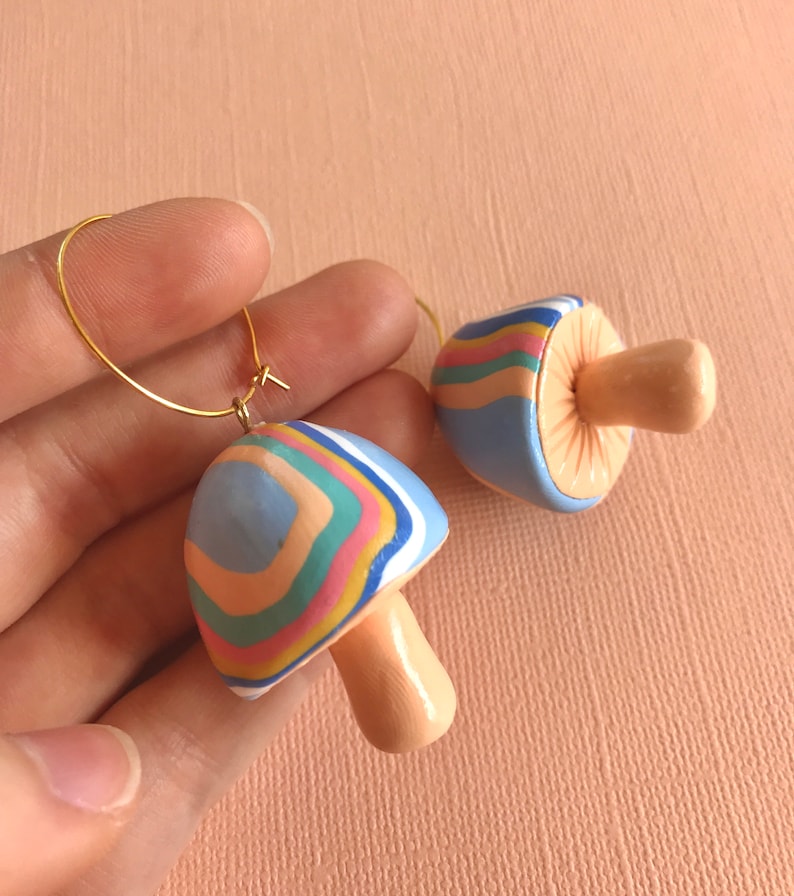 Retro Mushroom Earrings/ Cottagecore mushroom hoops/ Rainbow Flower Mushrooms/ Colorful fungi earrings/ cottacore jewelry/ statement earring image 9