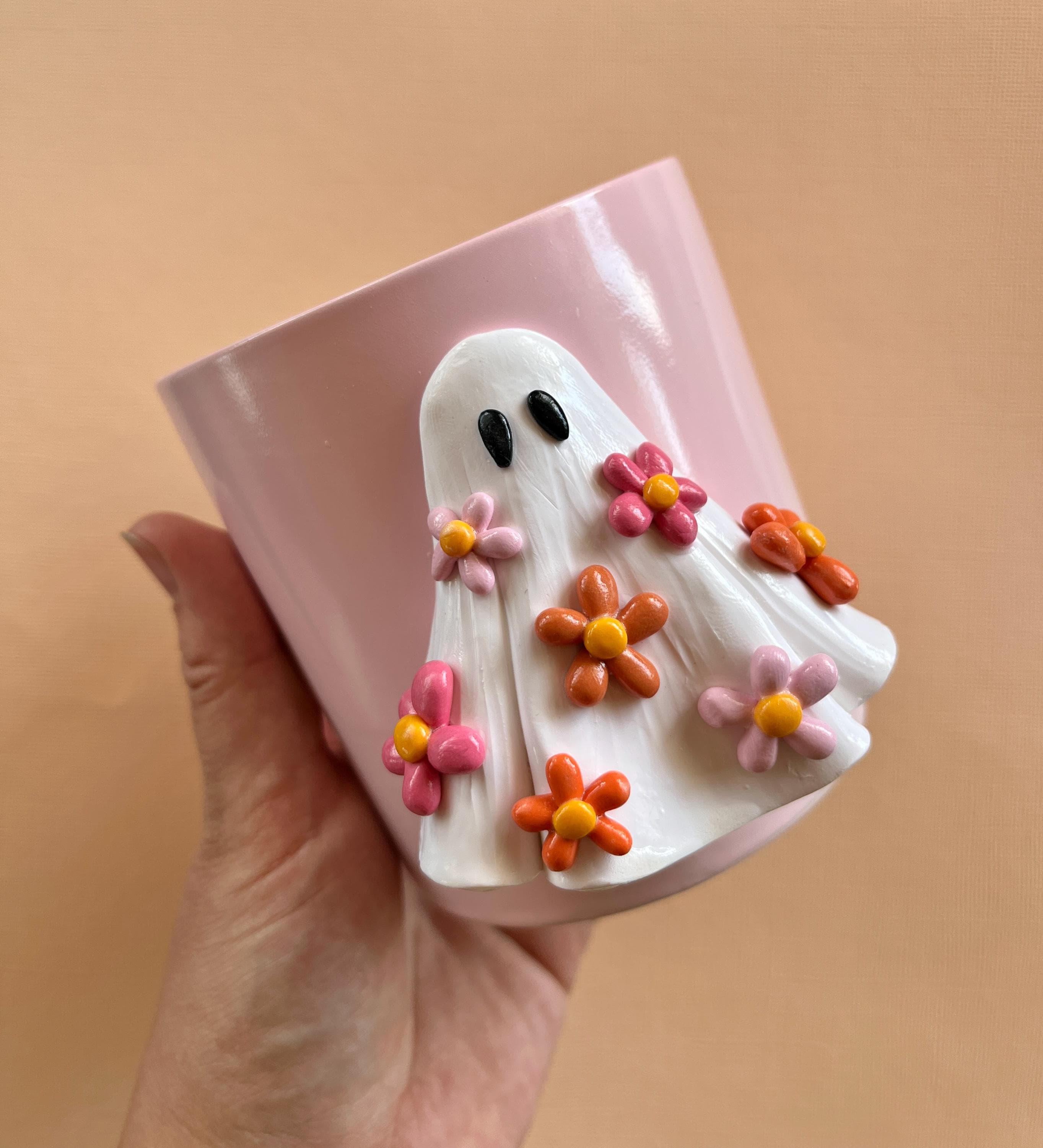 Fall Pumpkin Ghost Mugs/ Halloween Coffee Mug/ Spooky Cute Cup/ Fall Planter Decor/ Pink Halloween/ Autumn Ceramic Mug/ Pottery Art