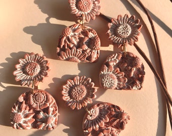 Handmade Terracotta Sunflower Earrings: Glazed Polymer Clay, Boho Style
