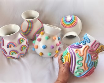 8" Tall Retro Eclectic Colorful Bud Vase/ Cute Ceramic Vase/ Rainbow Pot Planter/ Modern ceramic vase/ pastel color ceramics/ Boho decor