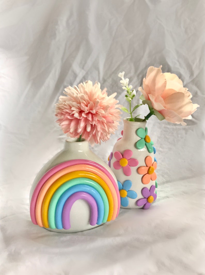 Retro eclectische kleurrijke Bud vaas / schattige keramische vaas / Rainbow Pot Planter / moderne keramische vaas / pastel kleur keramiek / Boho home decor afbeelding 6