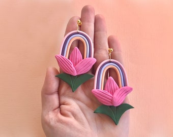 Rainbow Flower Earrings/ Tulip Earrings/ statement earrings/ colorful earrings/ rainbow jewelry/ polymer clay earrings