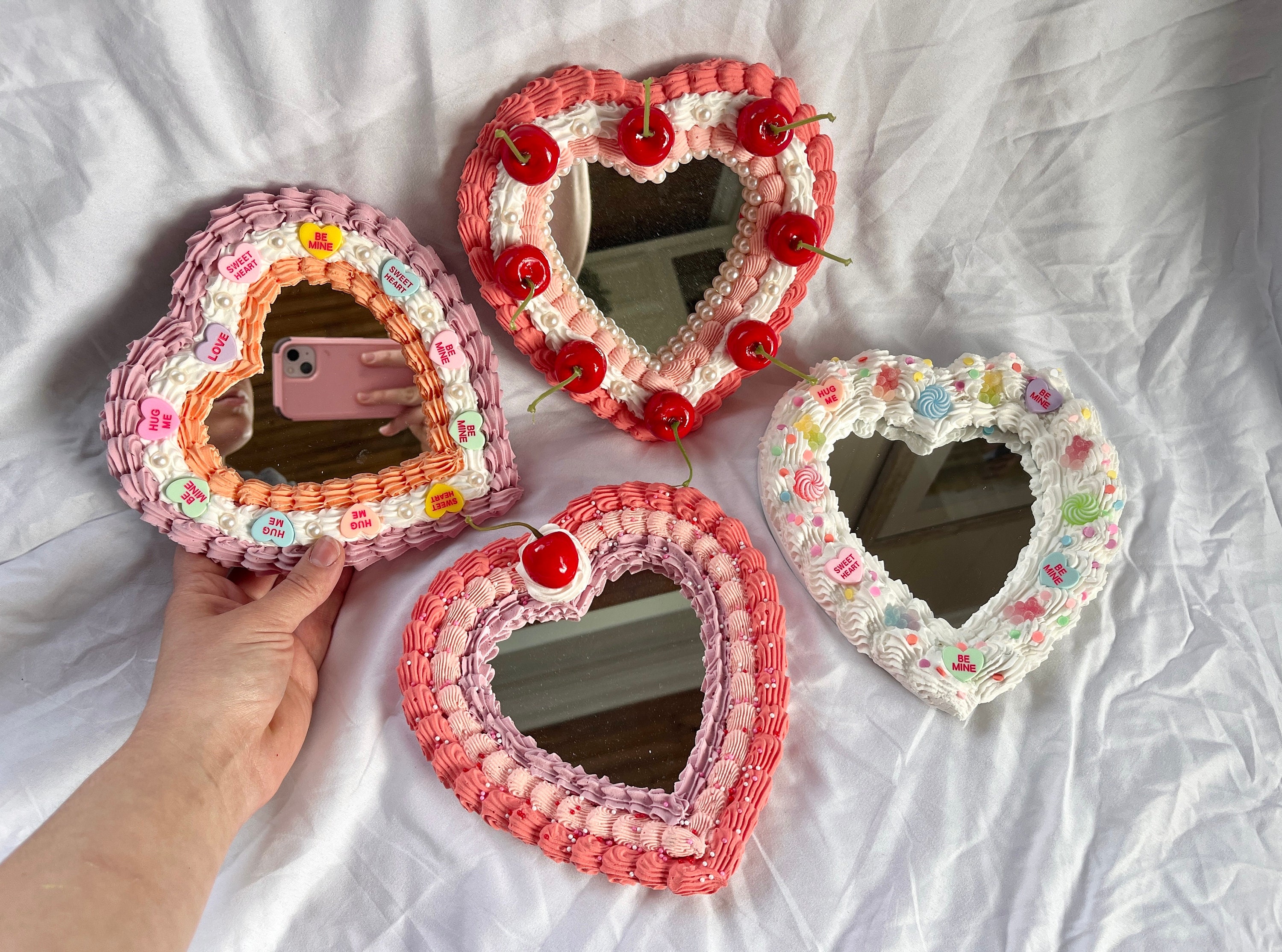 Heart Cake Mirror: Frosted Kawaii Decoden Decor With Faux Candies