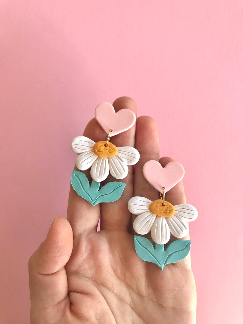 Heart Daisy Earrings/ Colorful Statement Earrings/ Modern Flower Earrings/ Pastel Earrings/ Fun Earrings/ Daisy Jewelry/ Clay Earrings image 1