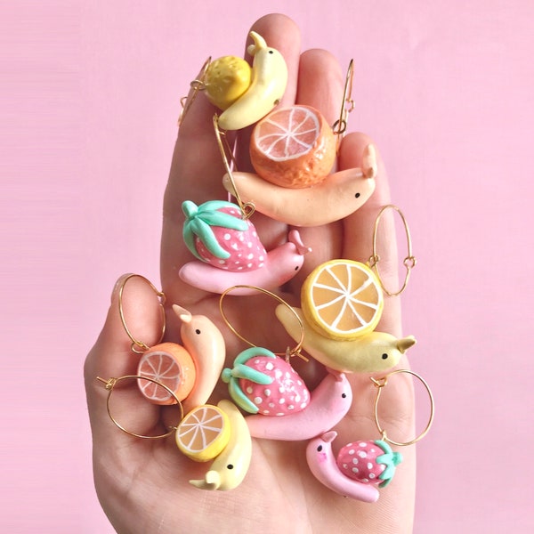 Fruit Snail Earrings/ Cottagecore earrings/ Snail Jewelry/ Quirky earring/ funky earrings/ cool earrings/ weird earrings/ strawberry snail