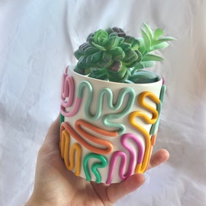 May include: A white ceramic planter with a colourful abstract design. The planter is decorated with pink, orange, yellow, and green lines. A small green succulent plant is growing in the planter.