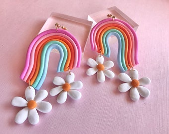 Groovy Oversized Colorful Rainbow Daisy Statement Earrings/ Retro hippie earrings/ funky earrings/ y2k aesthetic jewelry/ fun jewelry