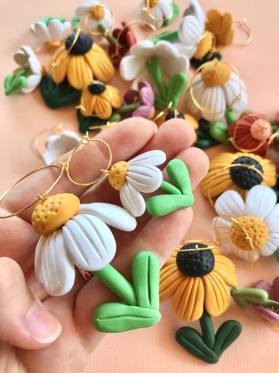 3D Polymer Clay Daisy Earrings: Floral Statement Jewelry