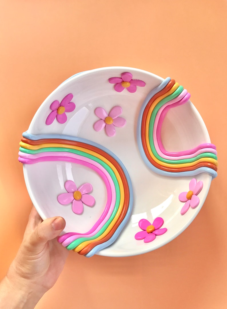 Retro Eclectic Decorative Bowls/ Ceramic Serving Bowl/ Rainbow Colorful Bowls/ Modern Pottery/ Boho Home Decor/ Colorful Dishes 9" colorful